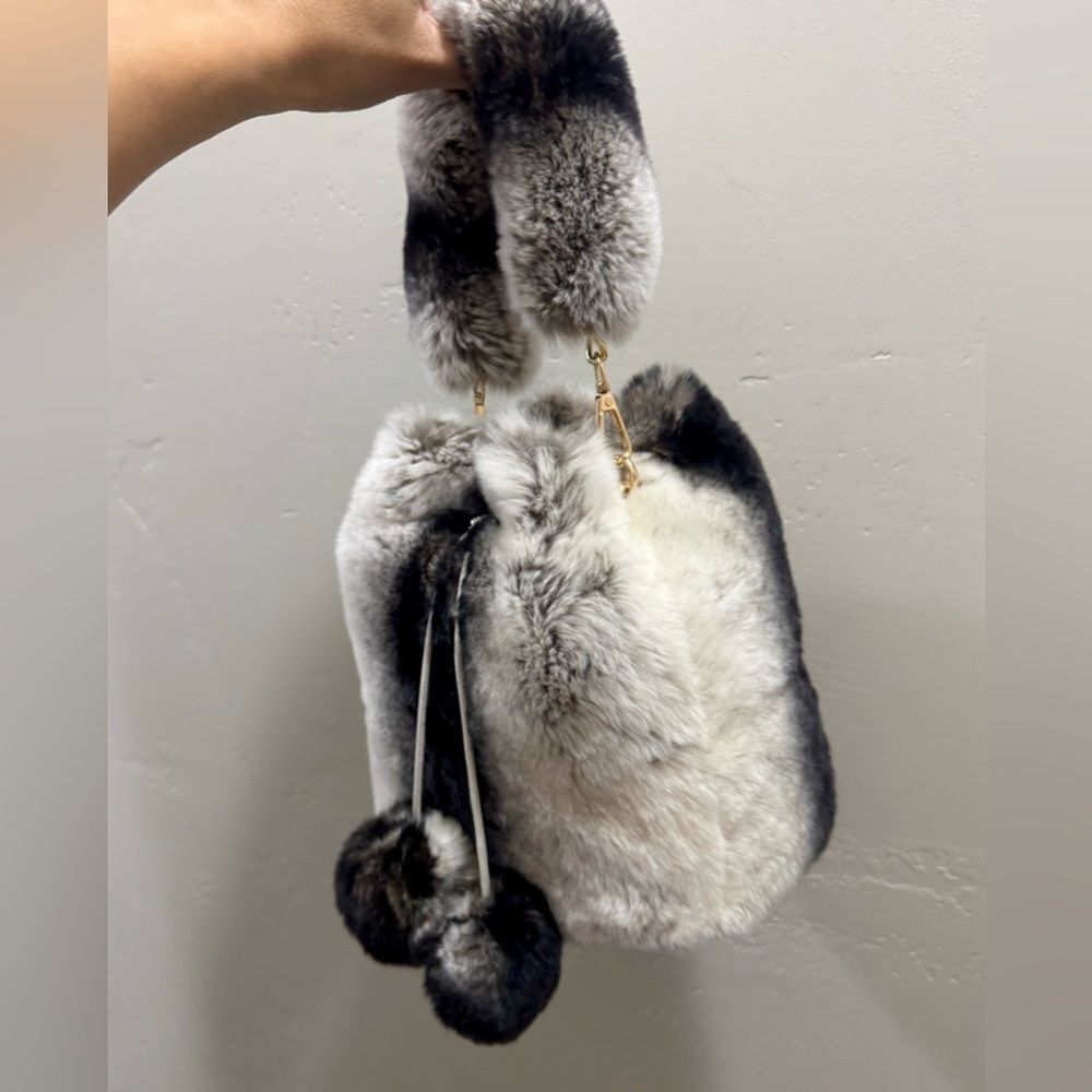 Handmade 2 Tone Real Rex Rabbit Fur Drawstring Bucket Bag,Includes 2 Straps - Picture 11 of 15